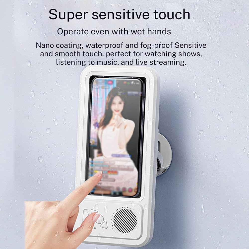 Play Series Shower Fun! 📱 White Phone Case Holder with Integrated Speaker 🔊, Fog-Proof Window & 360° Secure Mount.