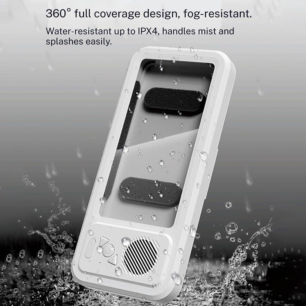 Play Series Shower Fun! 📱 White Phone Case Holder with Integrated Speaker 🔊, Fog-Proof Window & 360° Secure Mount.