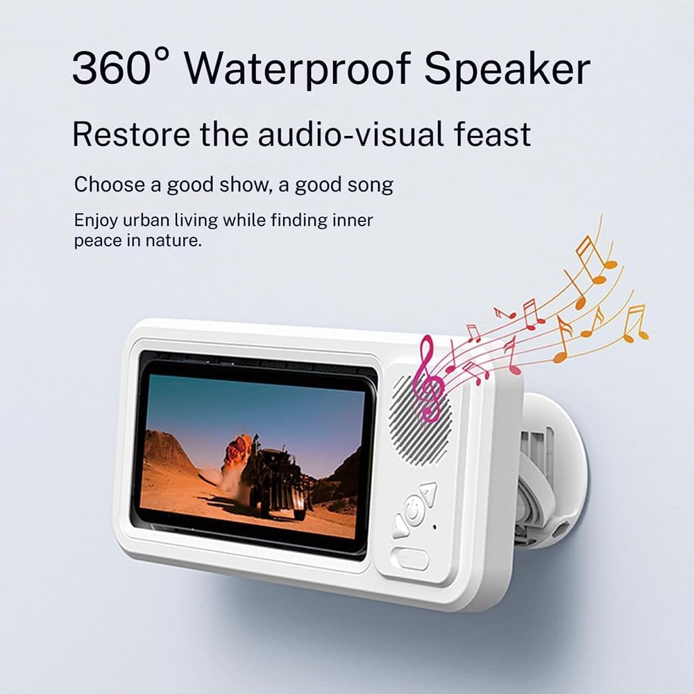 Play Series Shower Fun! 📱 White Phone Case Holder with Integrated Speaker 🔊, Fog-Proof Window & 360° Secure Mount.