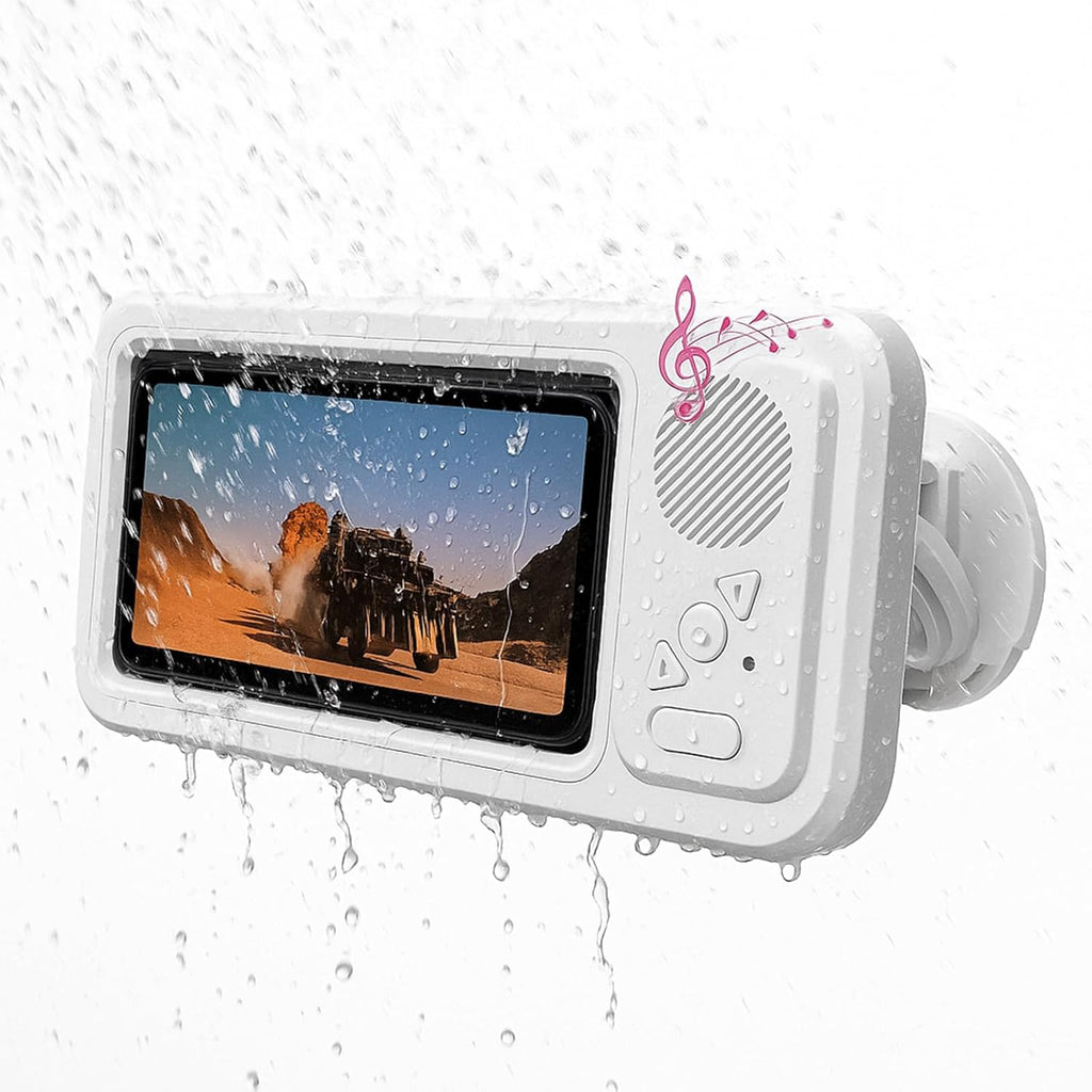 Play Series Shower Fun! 📱 White Phone Case Holder with Integrated Speaker 🔊, Fog-Proof Window & 360° Secure Mount.