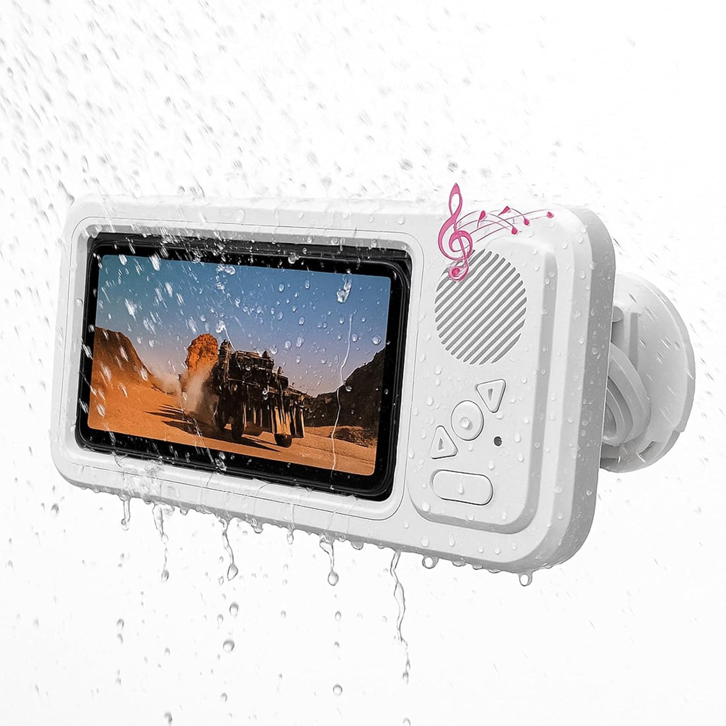 Play Series Shower Fun! 📱 White Phone Case Holder with Integrated Speaker 🔊, Fog-Proof Window & 360° Secure Mount.