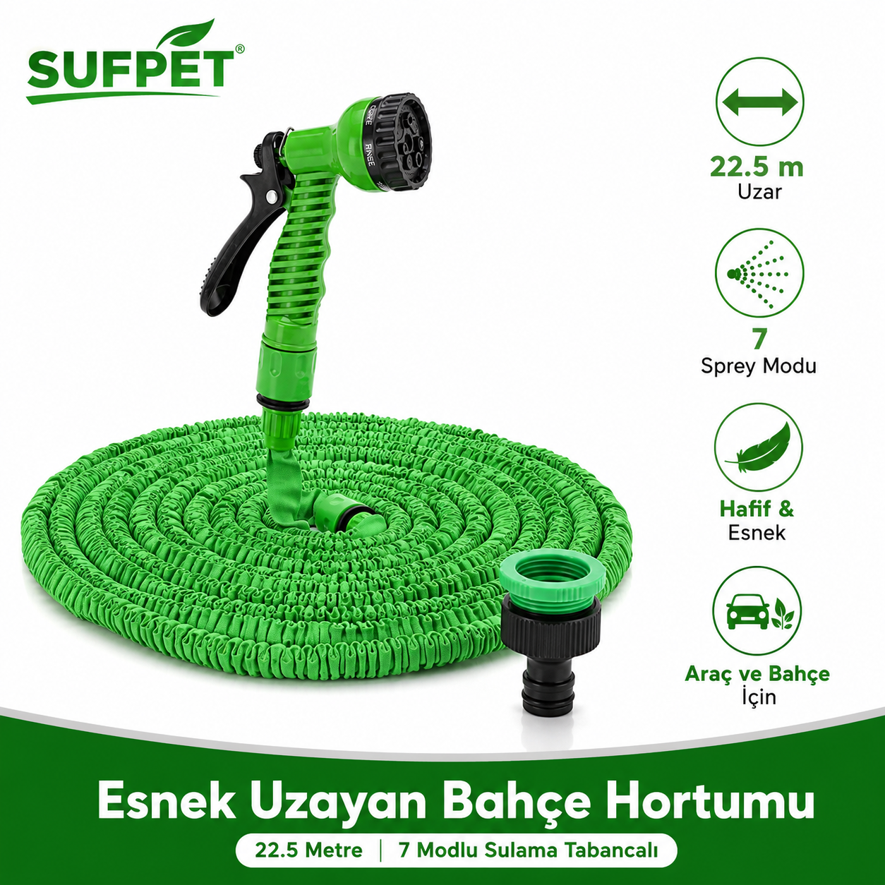 SUFPET Esnek Uzayan Bahçe Hortumu 22.5 Metre – 7 Modlu Sulama Tabancalı