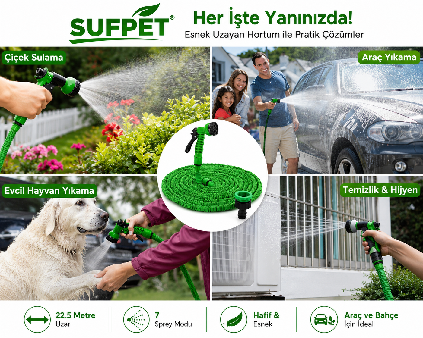 SUFPET Esnek Uzayan Bahçe Hortumu 22.5 Metre – 7 Modlu Sulama Tabancalı
