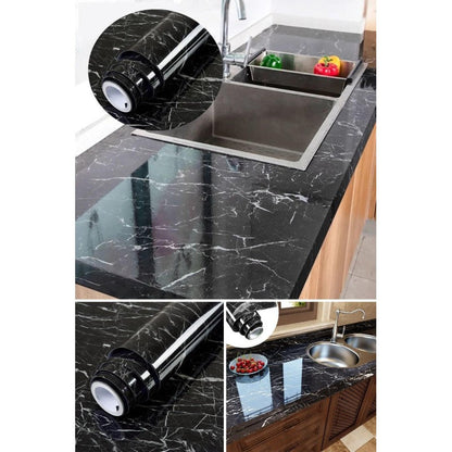✨ The Name of Elegance! | Black Marble Patterned Adhesive Covering Paper 5 Meters 🖤🪄