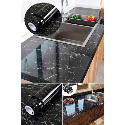 ✨ The Name of Elegance! | Black Marble Patterned Adhesive Covering Paper 5 Meters 🖤🪄